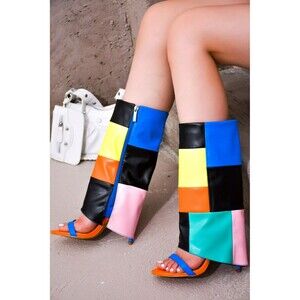 New Cape Robbin Parrish Multi Open Pointed Toe Stiletto Heel Foldover Boots Sz 6